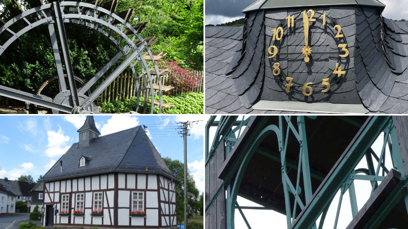 Bildermix - Obere Reihe (v.l.n.r.): Detail des Wasserrades in Langenholdinghausen, Detail des Bürgerhauses Seelbach "Turmuhr", Untere Reihe (v.l.n.r.) Kapellenschule Trupbach, Detail des ehemaligen Steigerturms Bielfeld in Eiserfeld (Fotos: Stadt Siegen)